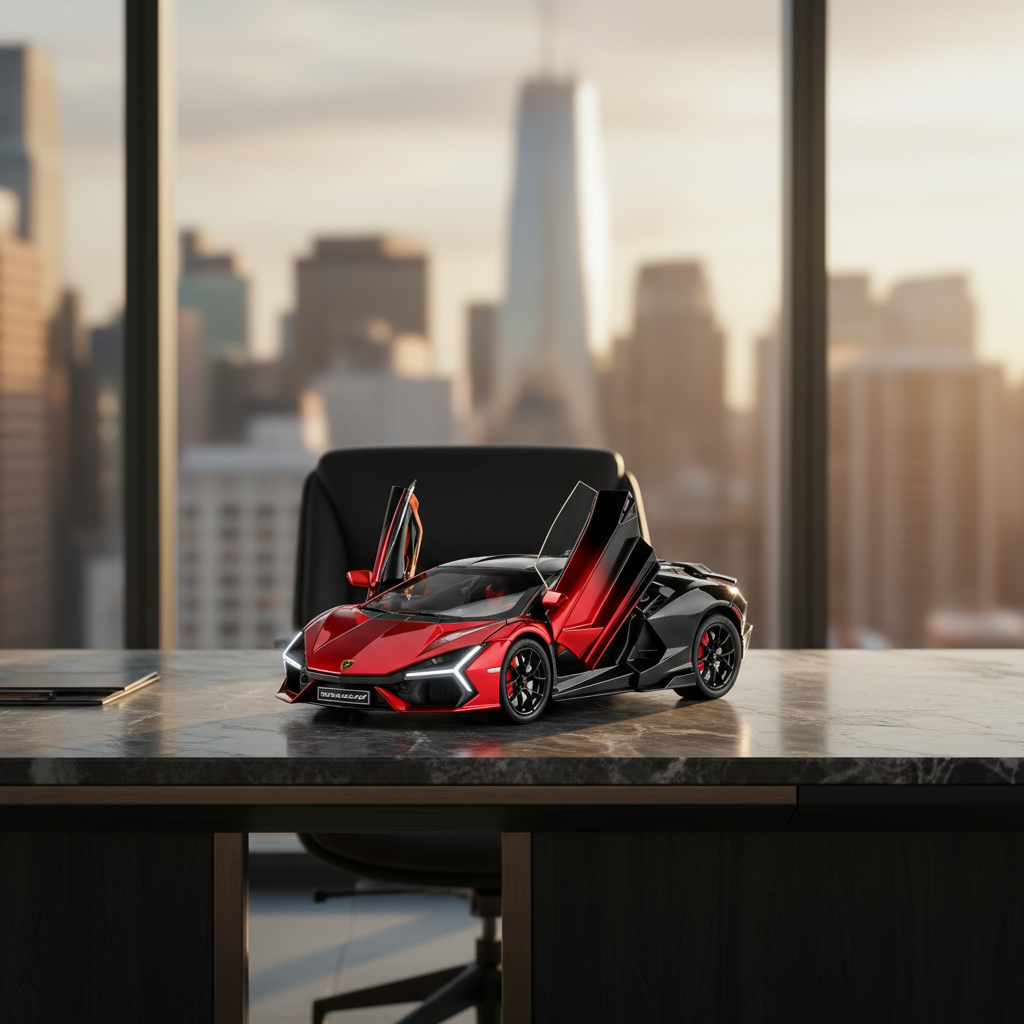 Dual-tone red and black Lamborghini Revuelto die-cast model displayed on a sophisticated executive office desk