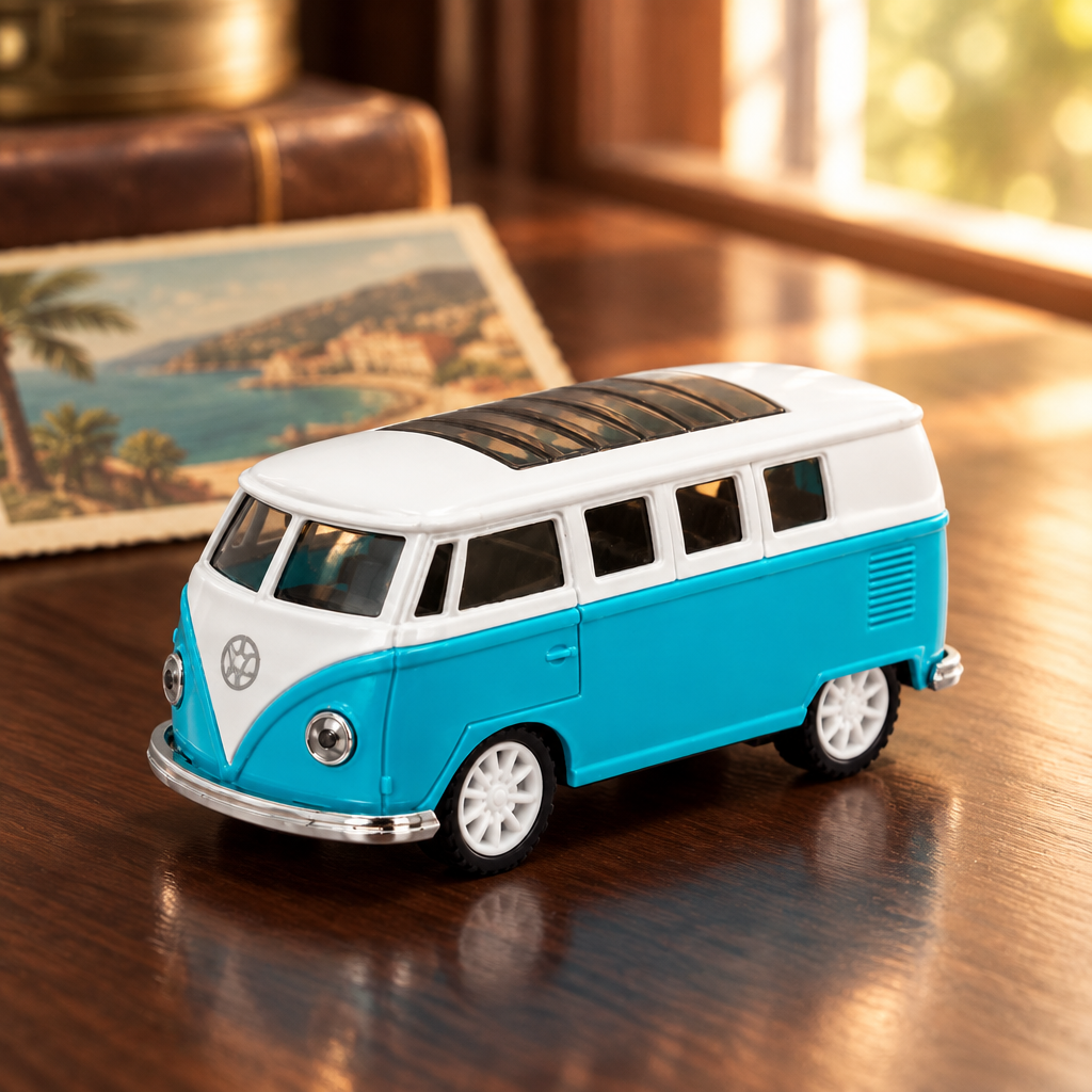 Turquoise and white retro van die-cast model on a warm wooden desk