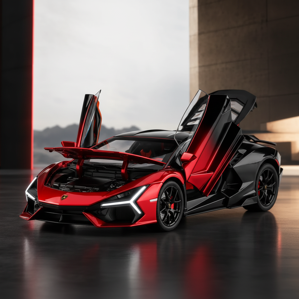 Dual-tone red and black Lamborghini Revuelto model with open scissor doors and hood, showing detailed interior, wheels, and lighting features