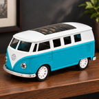 Turquoise and white retro van die-cast model on a wooden collector shelf