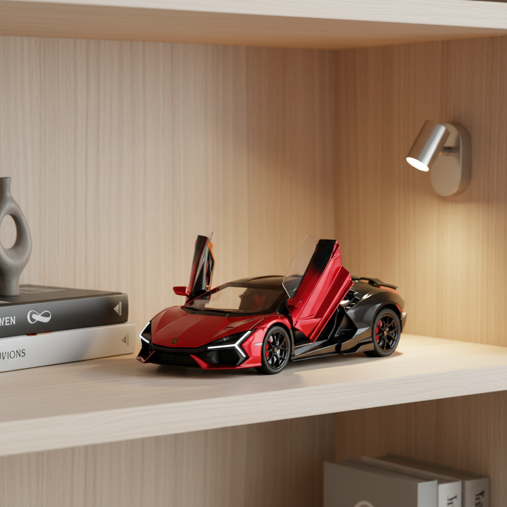 Dual-tone red and black Lamborghini Revuelto die-cast model displayed on a collector bookshelf