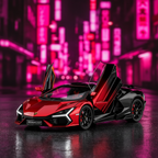 Dual-tone red and black Lamborghini Revuelto die-cast model in a cinematic Japan-inspired neon night scene