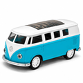 Turquoise and white retro van die-cast model on white background