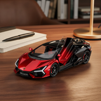 Dual-tone red and black Lamborghini Revuelto die-cast model displayed on a refined desk