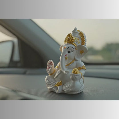 Lord Ganesha Idol for Car Dashboard | Premium White & Gold Decor | Premium Finish