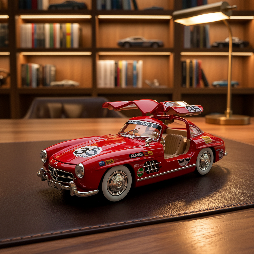 Red 300 SL model car in a walnut collector room