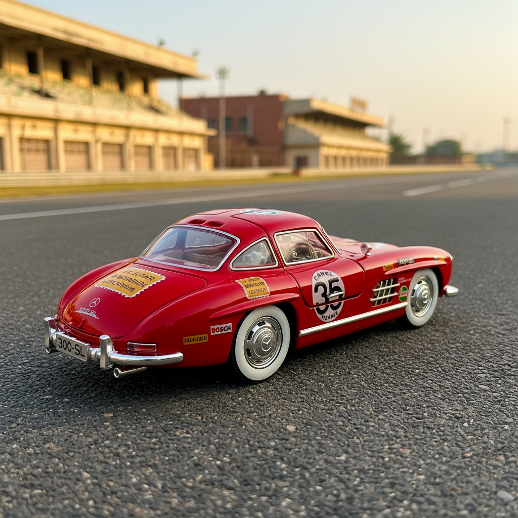 Red 300 SL model car on a 1950s race track