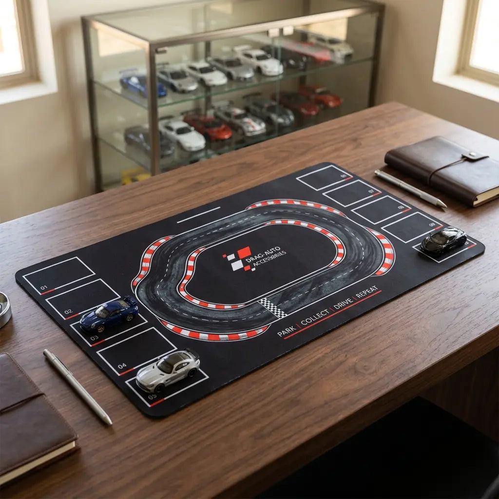 DragAuto Track Day Desk Mat | Extended Mouse Pad | 11 x 23 in with hand stitched border